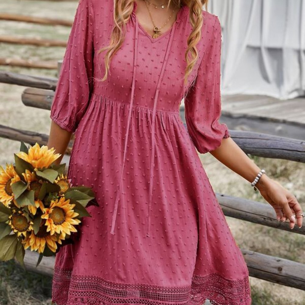 Beautiful - Boho Swiss dot tie neck lace insert dress